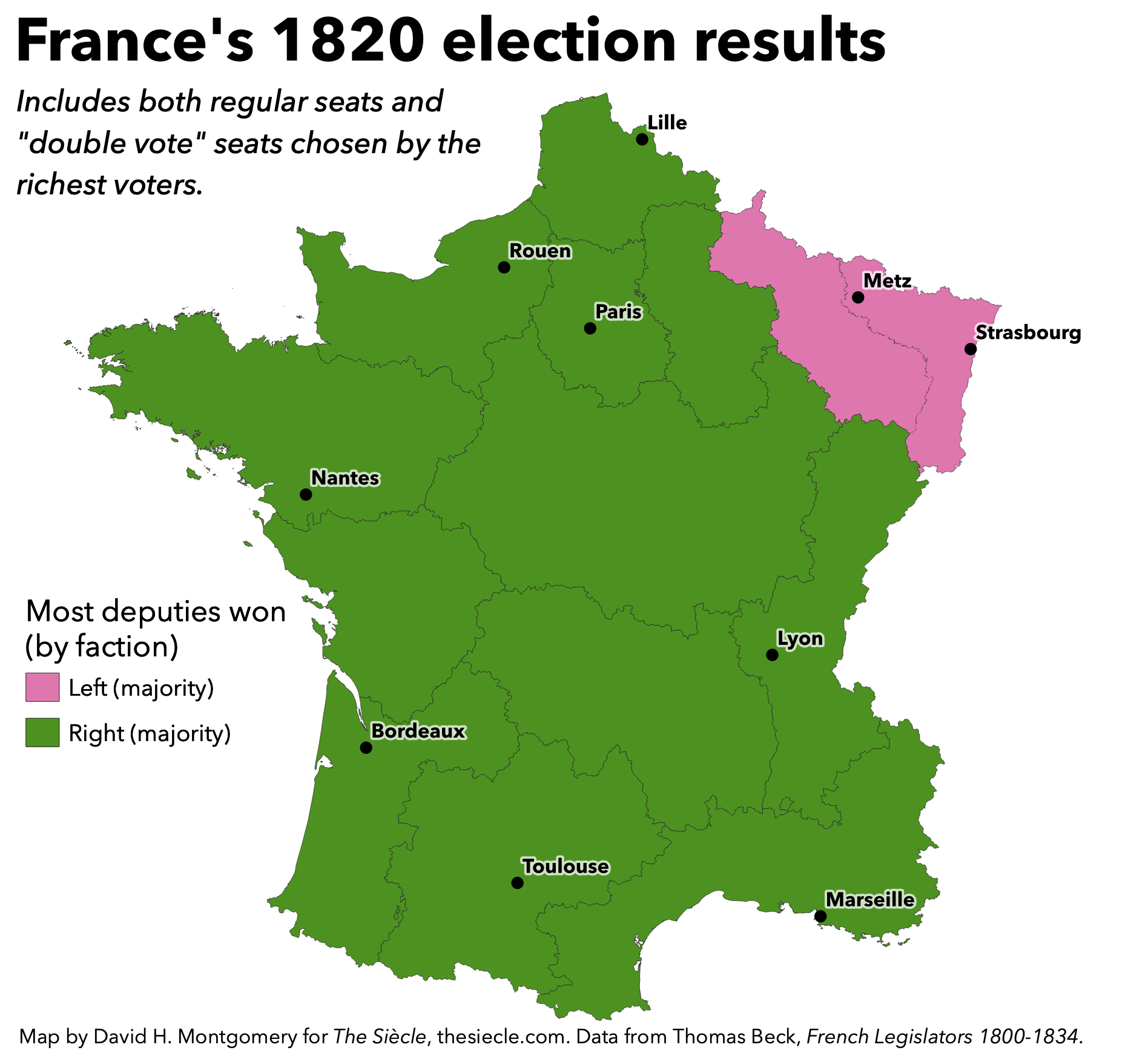A map of the results of the 1820 French legislative elections
