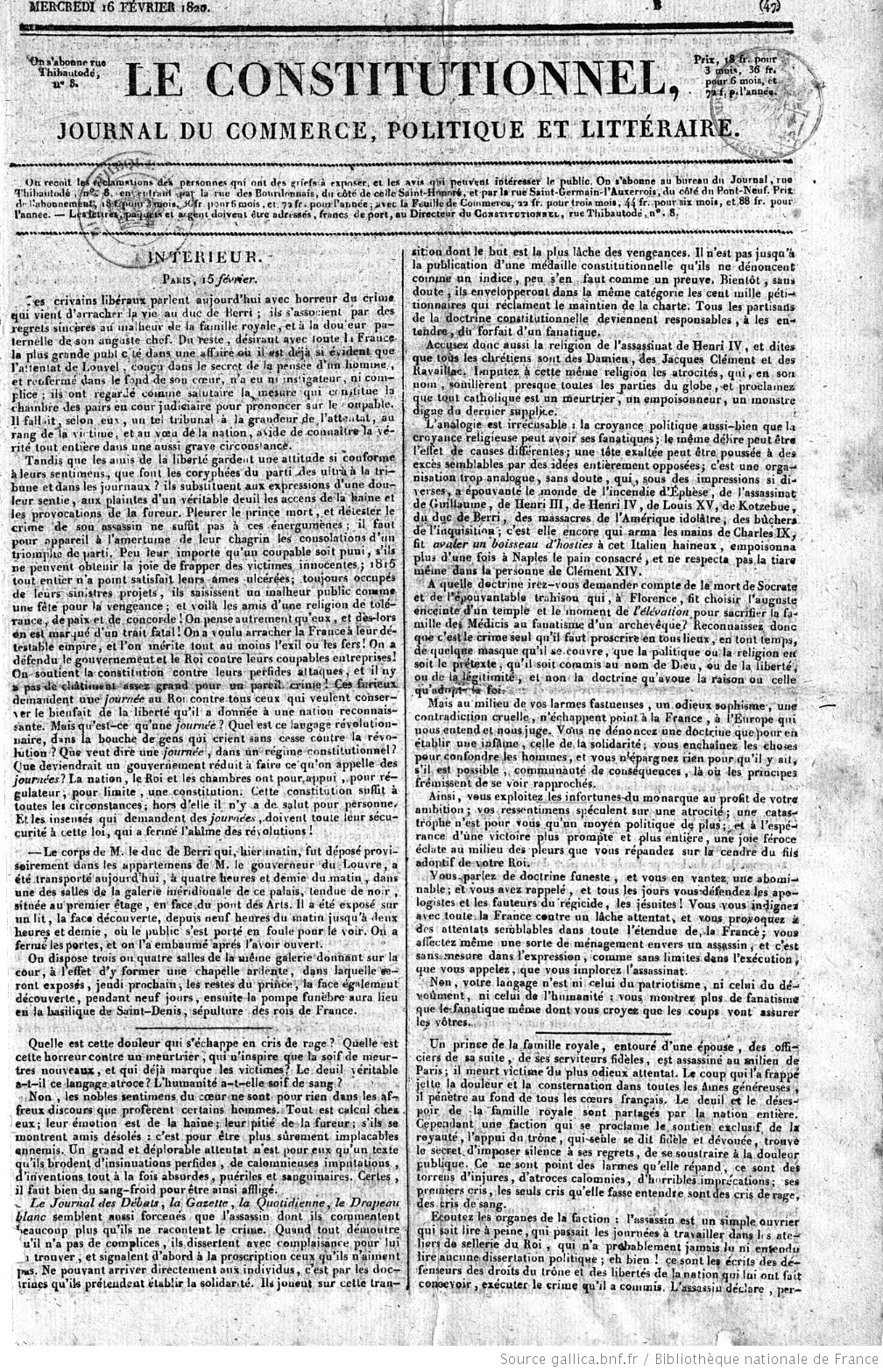 *Le Constitutionnel*, February 16, 1820