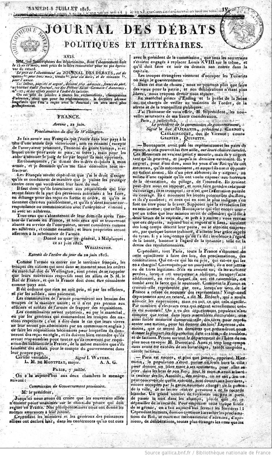 *Journal des débats politiques et littéraires*, July 8, 1815