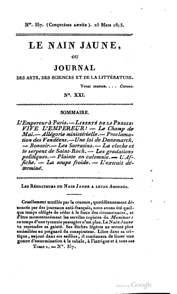 *Le Nain Jaune*, March 25, 1815, page 1