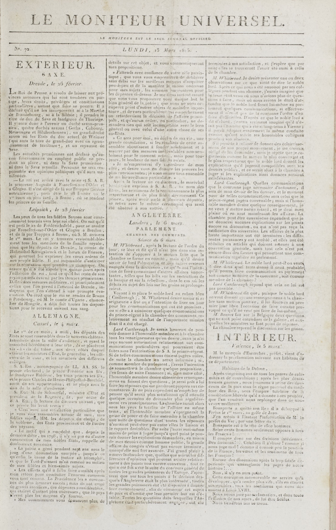 *Le Moniteur universel*, March 13, 1815