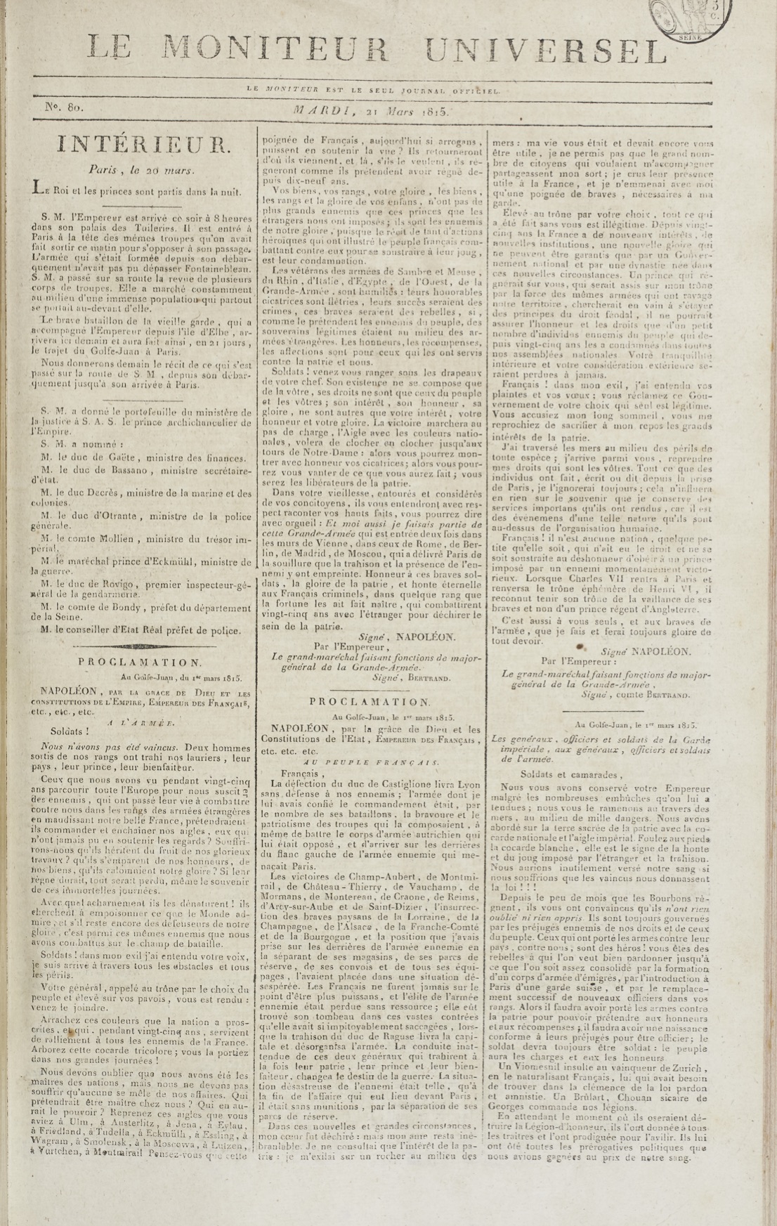 *Le Moniteur universel*, March 21, 1815