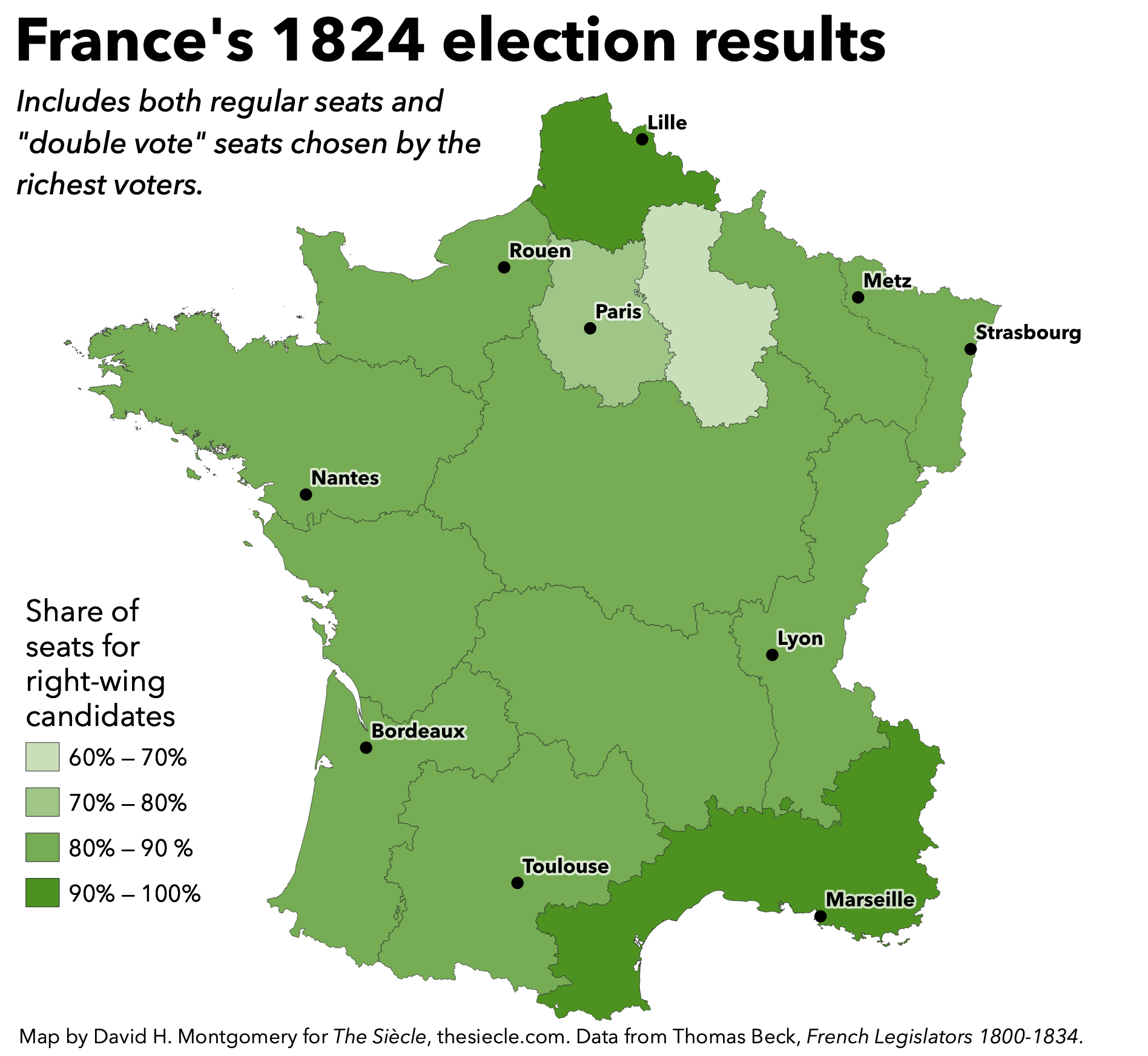 A map of the results of the 1824 French legislative elections
