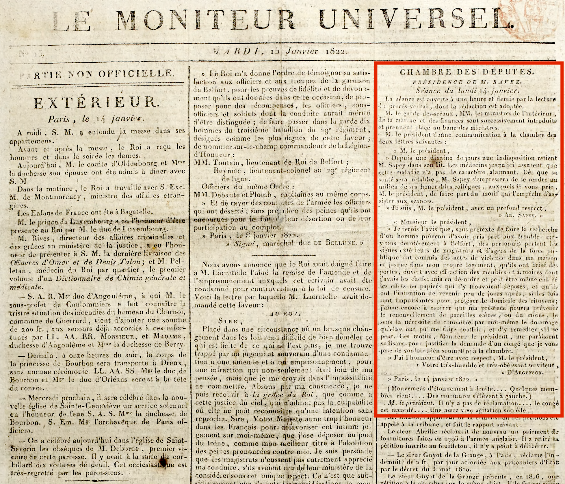 Image of the Jan. 15, 1822 edition of Le Moniteur Universel, with a highlighted article about a liberal deputy requesting leave to address the search of his house in a Carbonari investigation