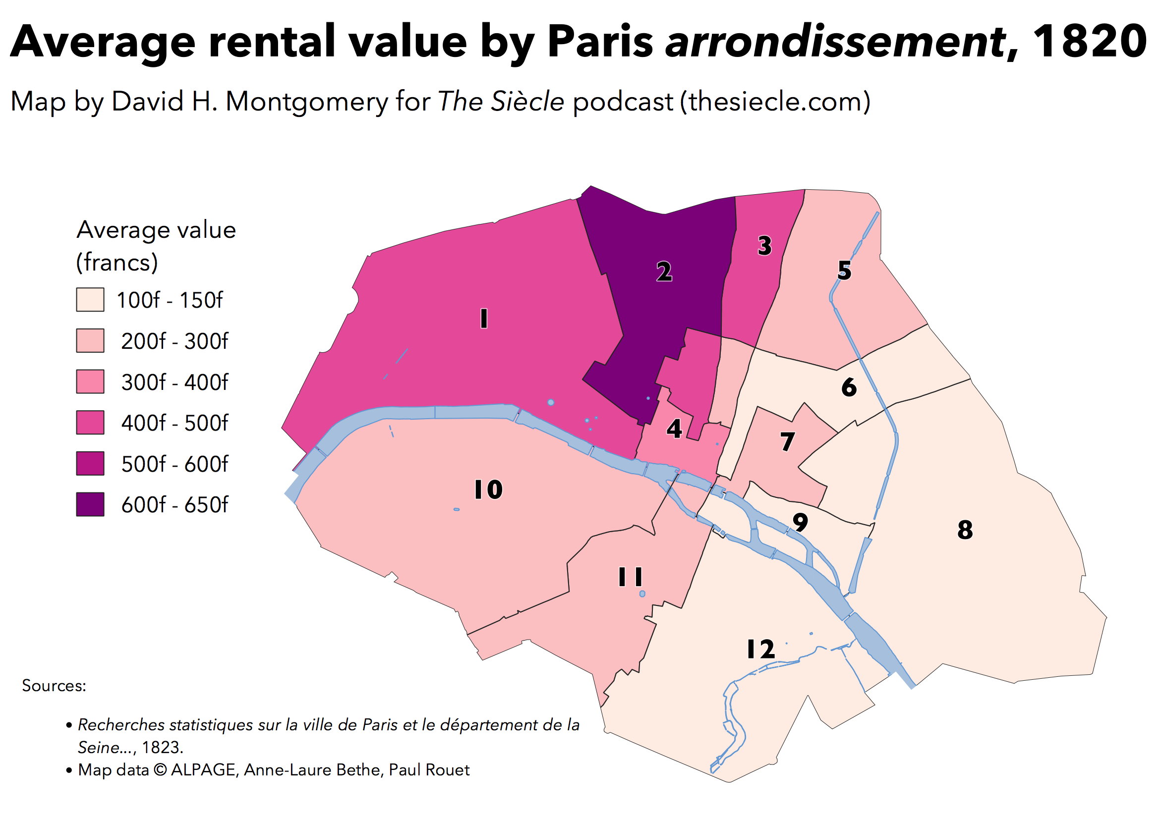 map of Restoration Paris rents by arrondissement