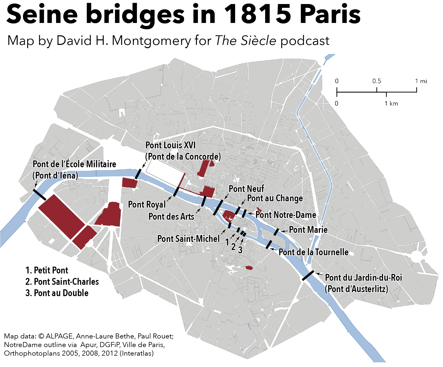 Bridges over the Seine in 1815 Paris