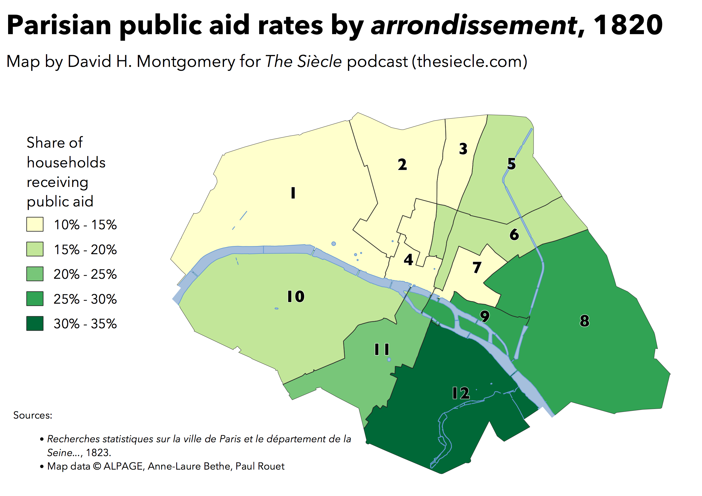 map of Restoration Paris public assistance rates by arrondissement